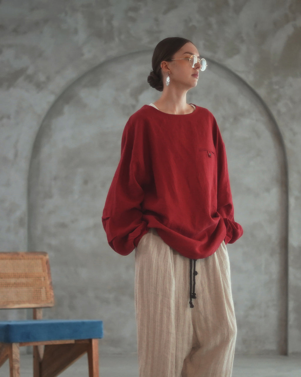 Crew Neck LS Tuck Rib Pullover <#red>
