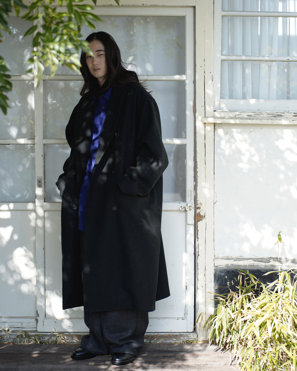 Wool Blend Double-Breasted Long Coat <#black>