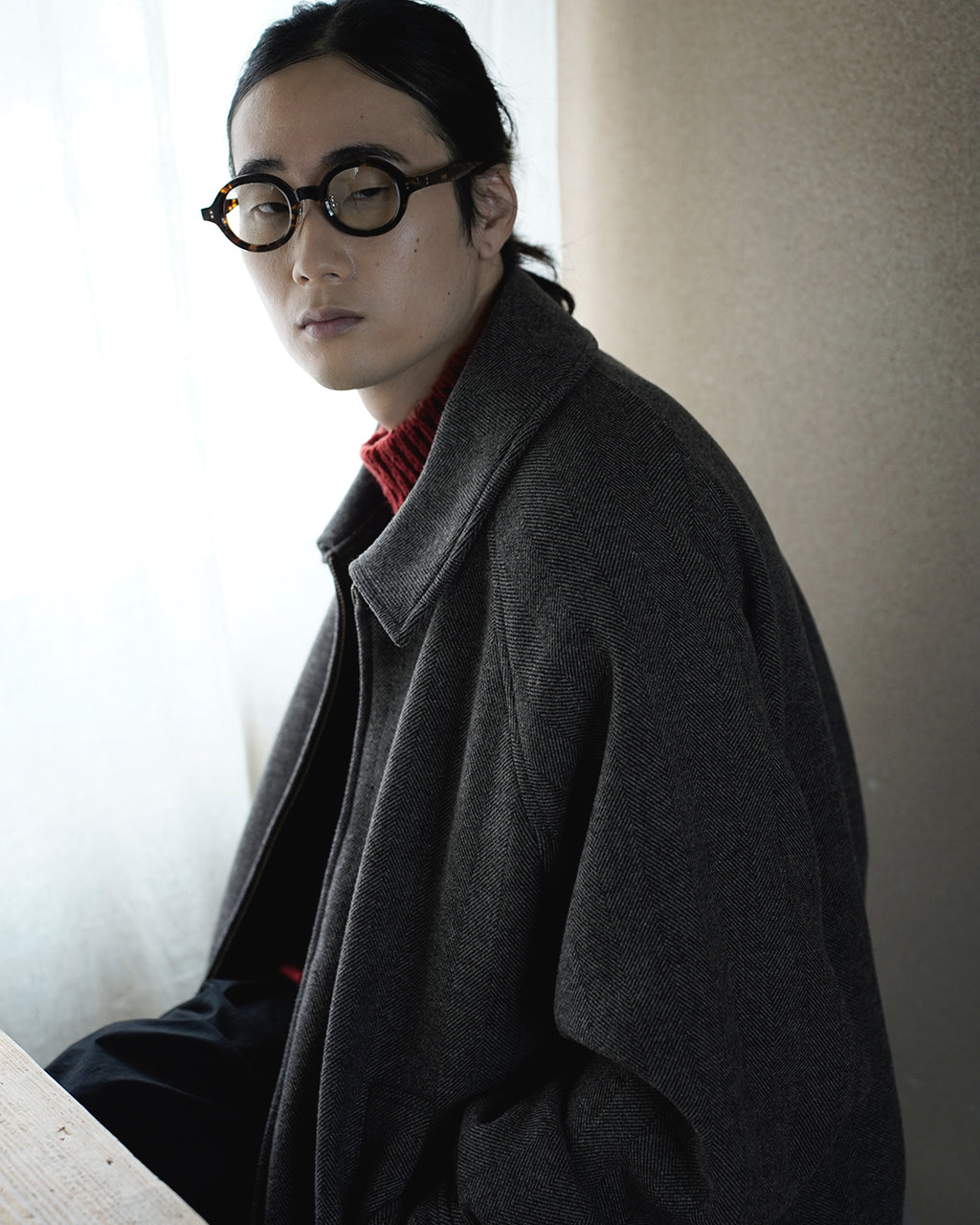 Wool Blend Herringbone Tweed Volume Zip Blouson <#brown>