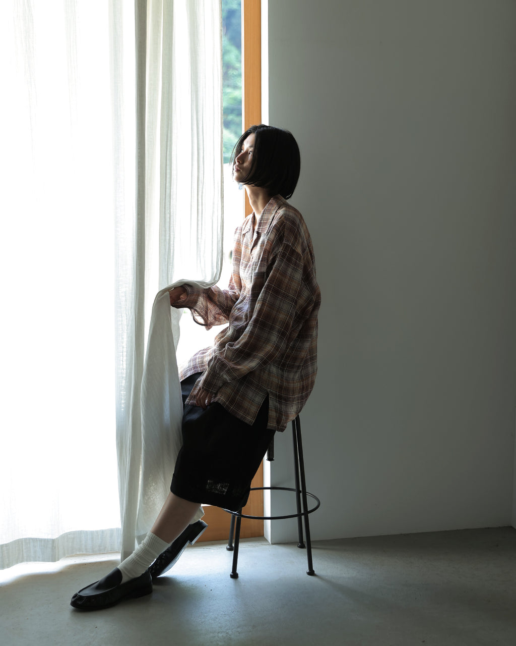 Linen Madras Check Open Collar Long-Sleeve Gathered Shirt<#red check>