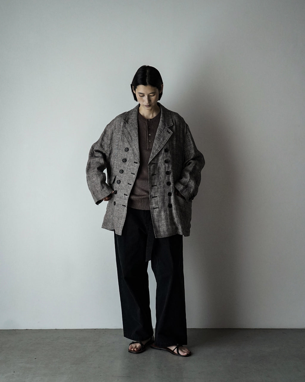 Glen Check Linen Back-Open Button Design Semi-Double Jacket <#glen check>