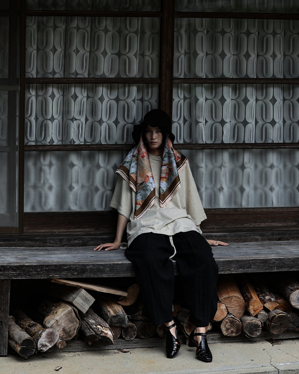 Linen Herringbone Button-Fly Easy Sarouel Pants <#black>
