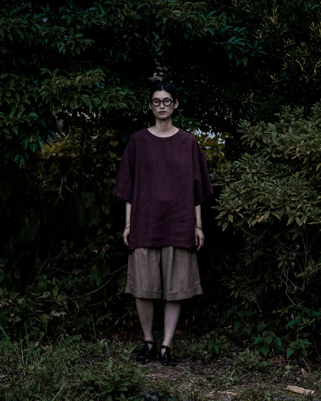 French Linen Crew Neck Half Sleeve Oversized Pullover <#burgundy>