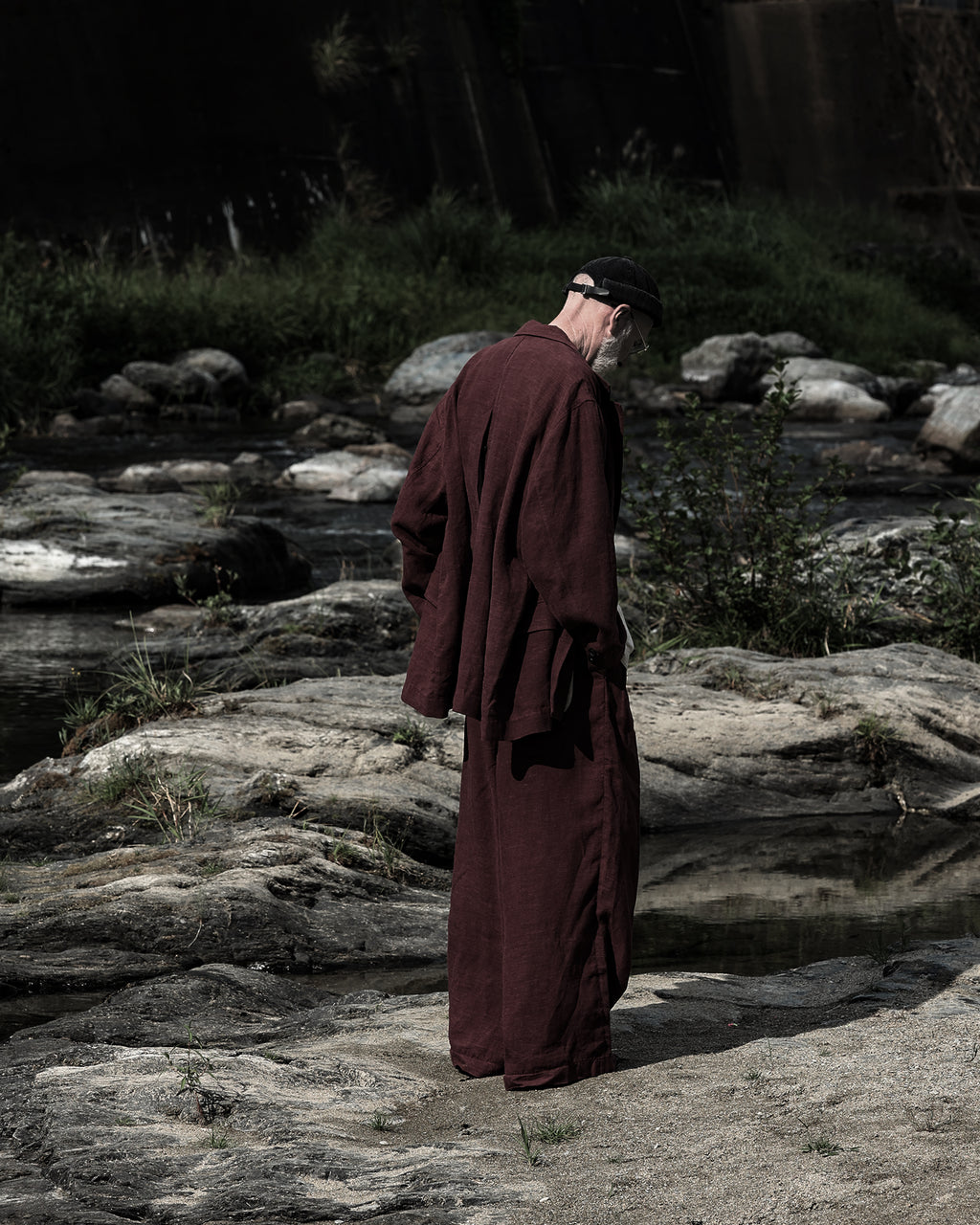 French Linen Back-Open Button Design Semi-Double Jacket <#burgundy>