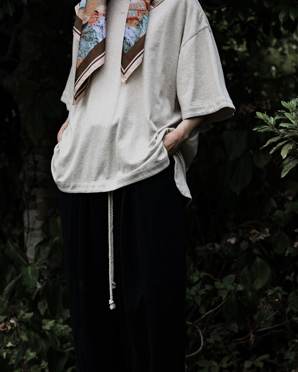 Cotton Linen Hem Round Skipper Half Sleeve Tee <#ivory>