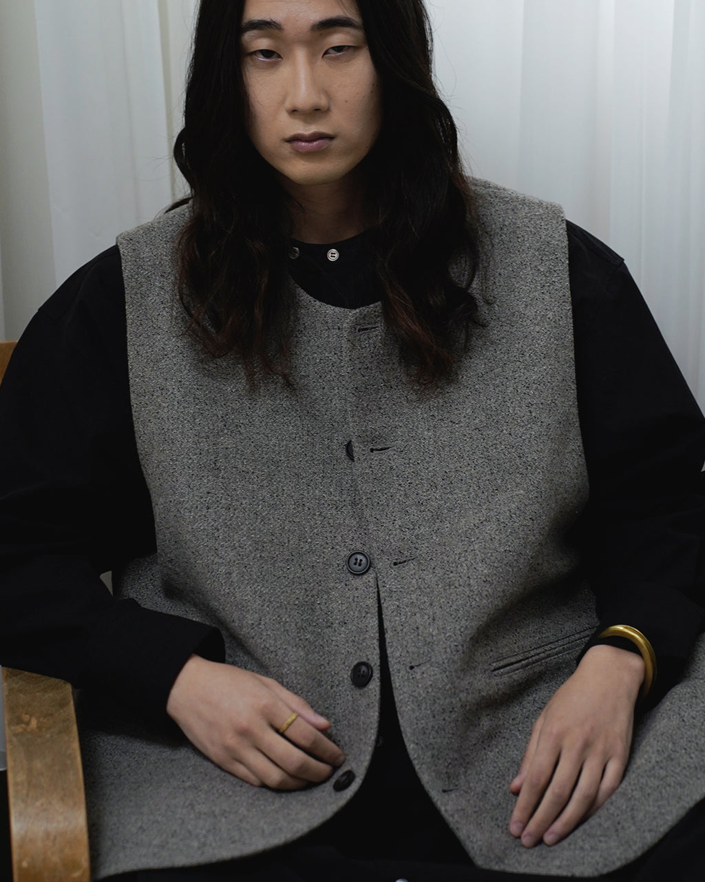 Wool Blend Tweed Back-Open Layered Crew Neck Vest <#greige>