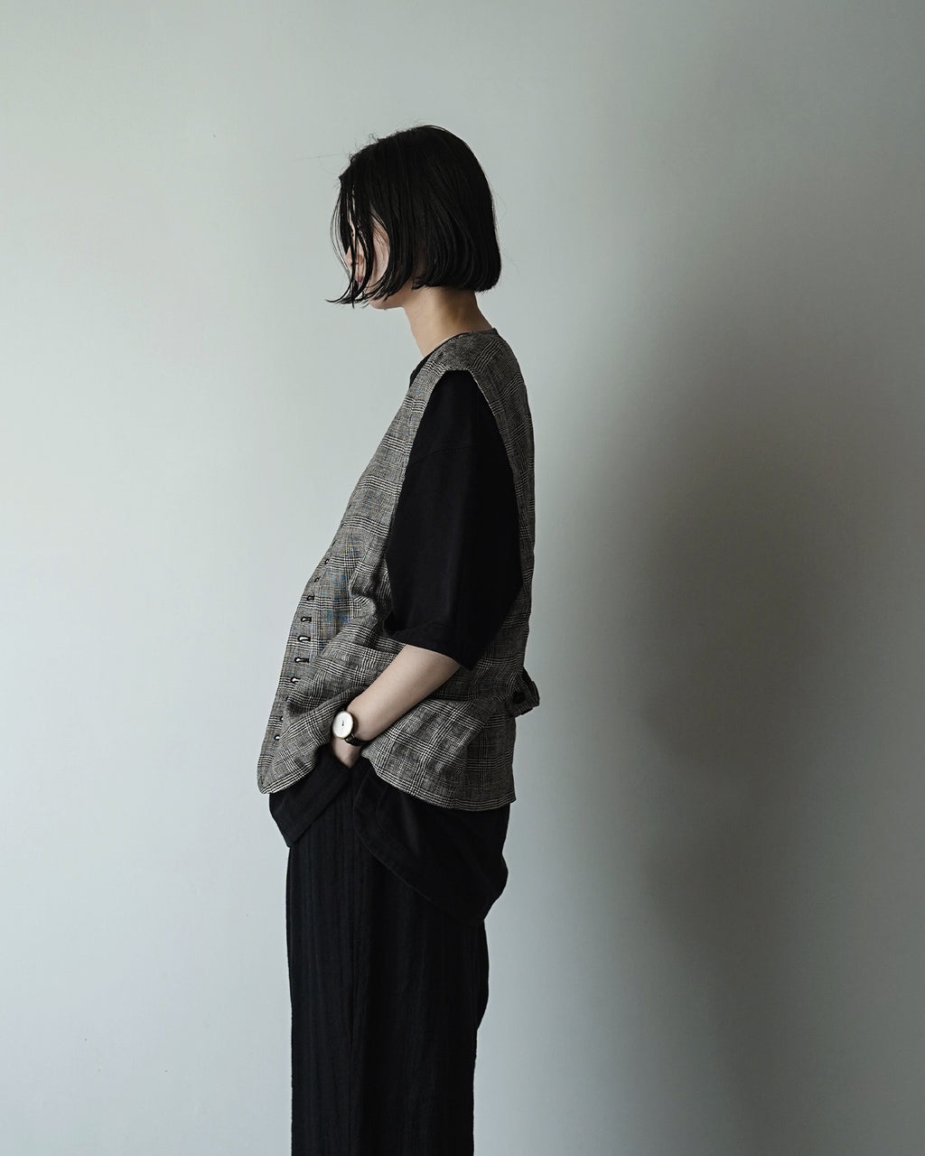 Glen Check Linen Back Belt Button Design V-Neck Vest <#glen check>