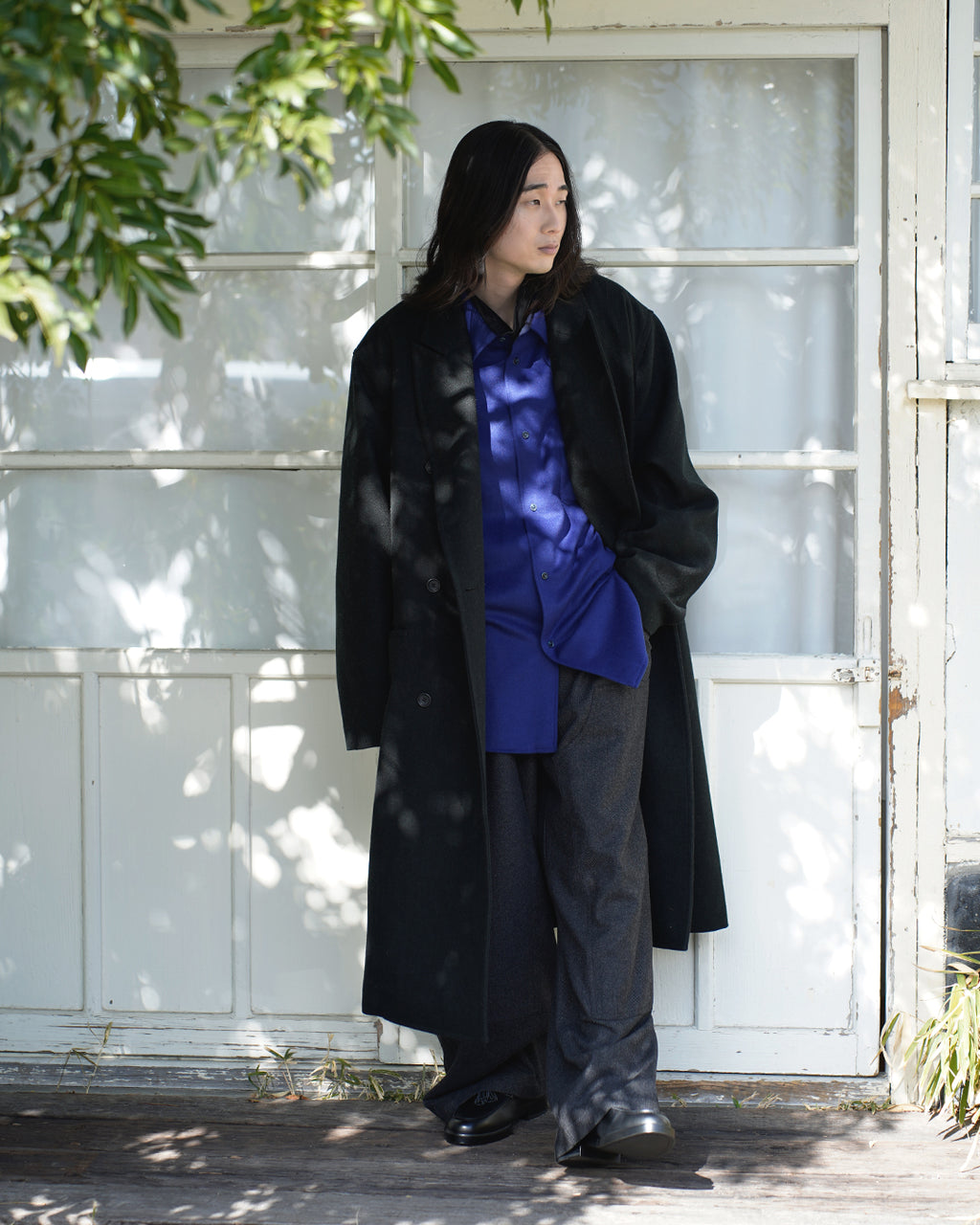 Wool Blend Double-Breasted Long Coat <#black>