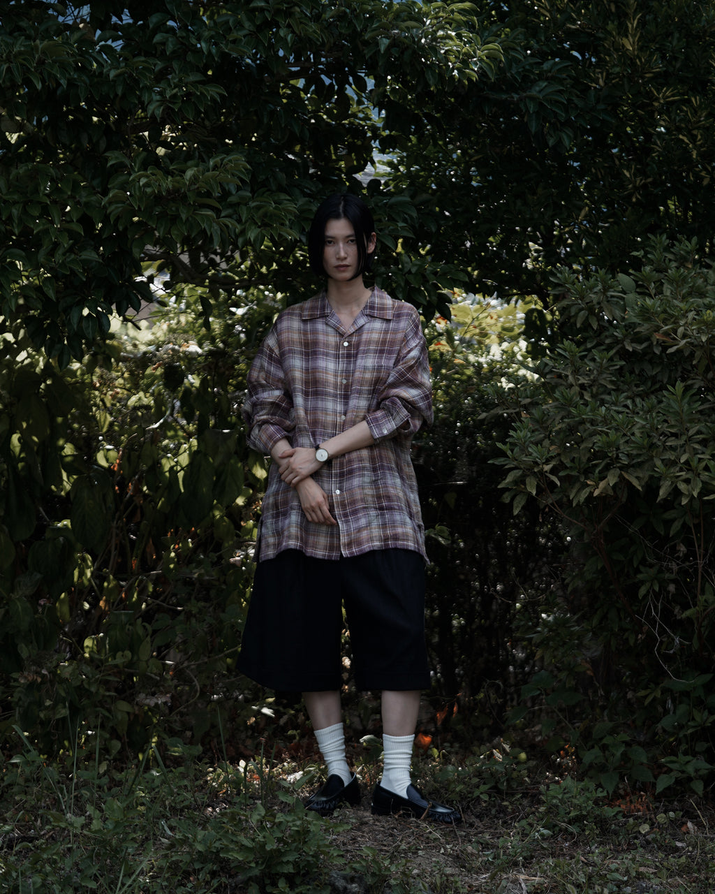 Linen Madras Check Open Collar Long-Sleeve Gathered Shirt<#red check>