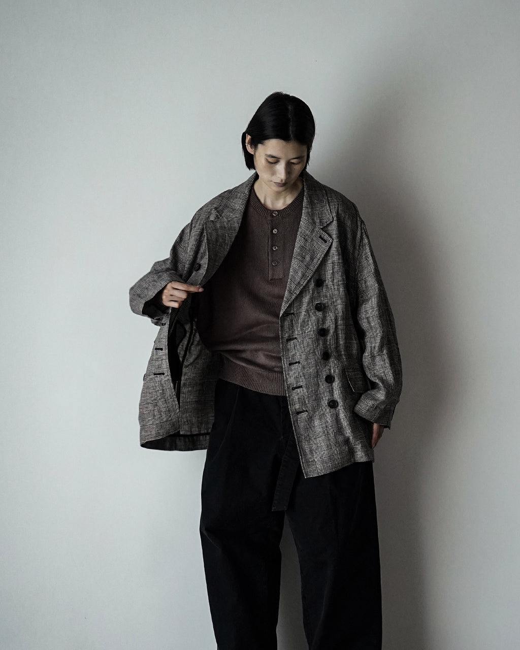 Glen Check Linen Back-Open Button Design Semi-Double Jacket <#glen check>