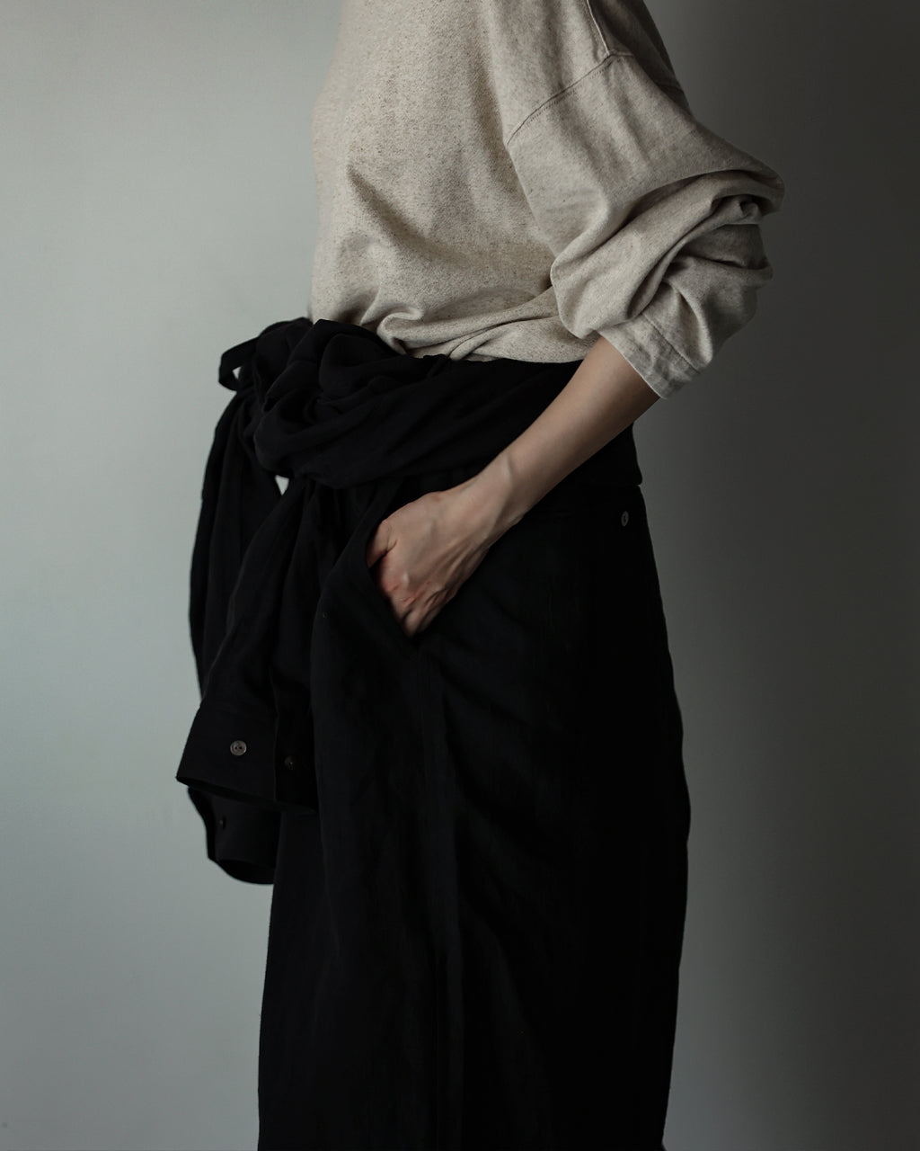 Wash Linen Band Collar Long-Sleeve Jumpsuit <#black>