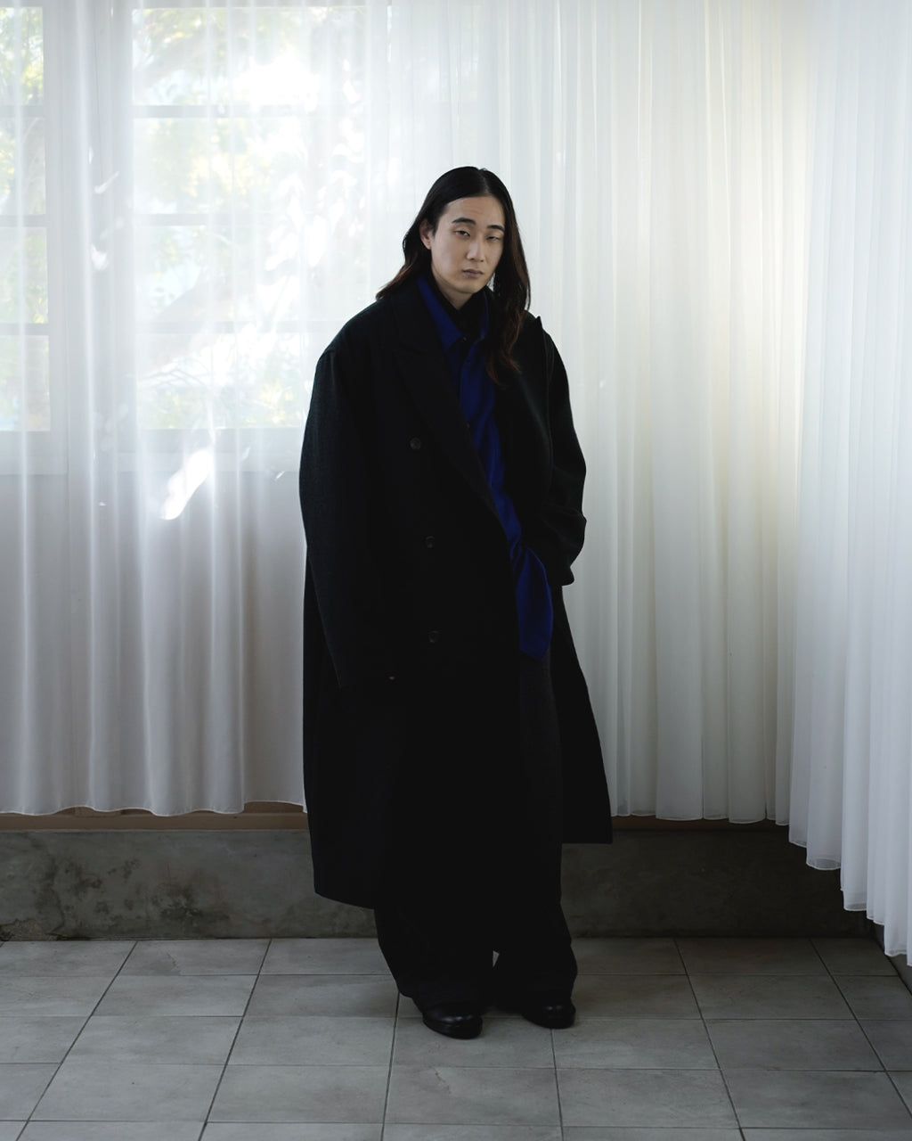 Wool Blend Double-Breasted Long Coat <#black>