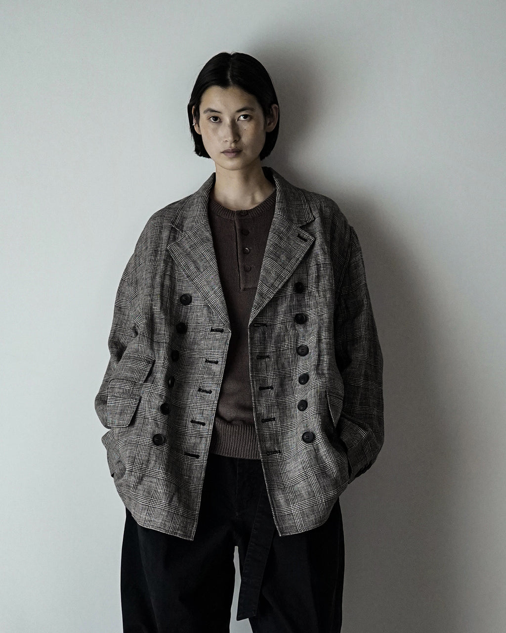 Glen Check Linen Back-Open Button Design Semi-Double Jacket <#glen check>