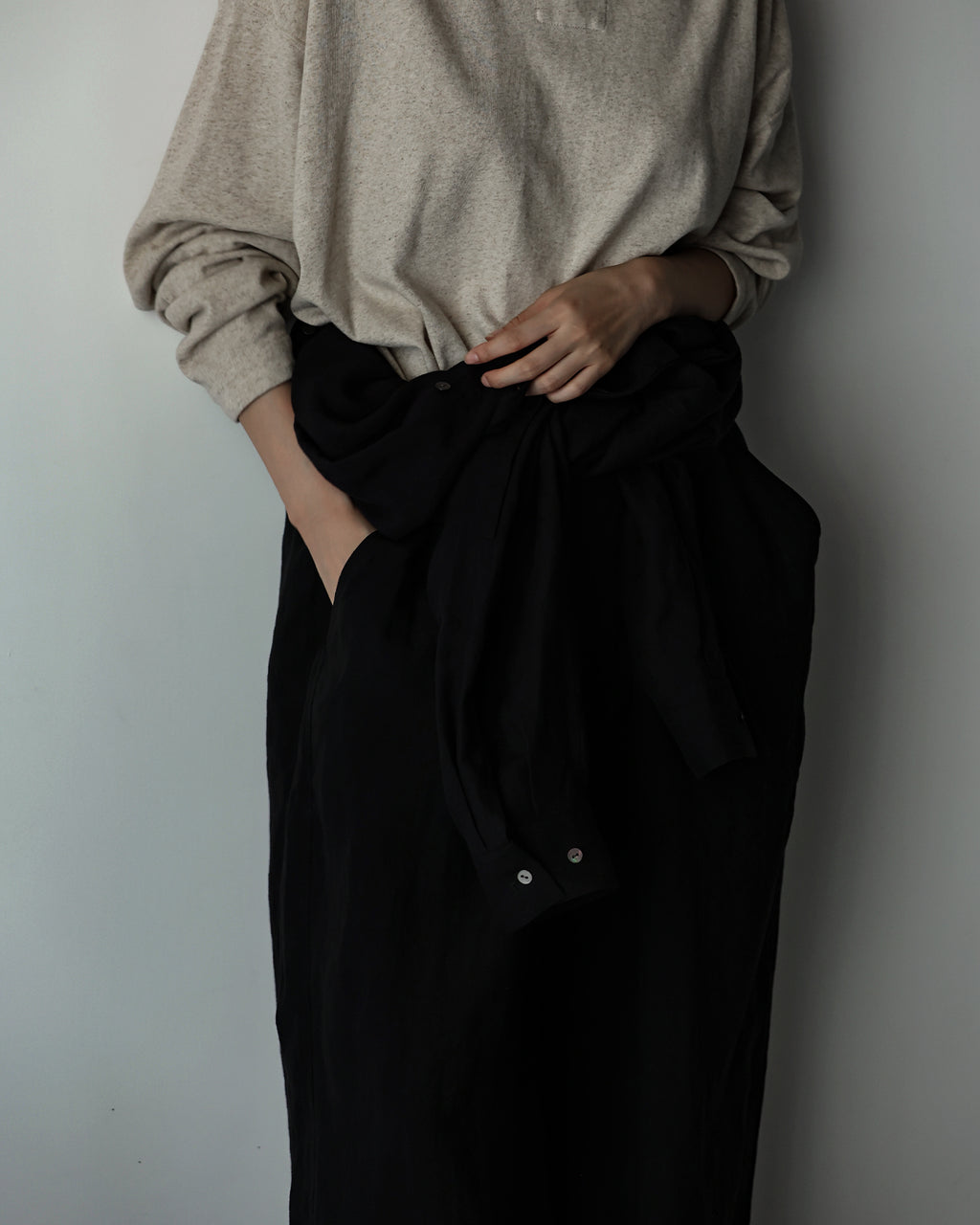 Wash Linen Band Collar Long-Sleeve Jumpsuit <#black>