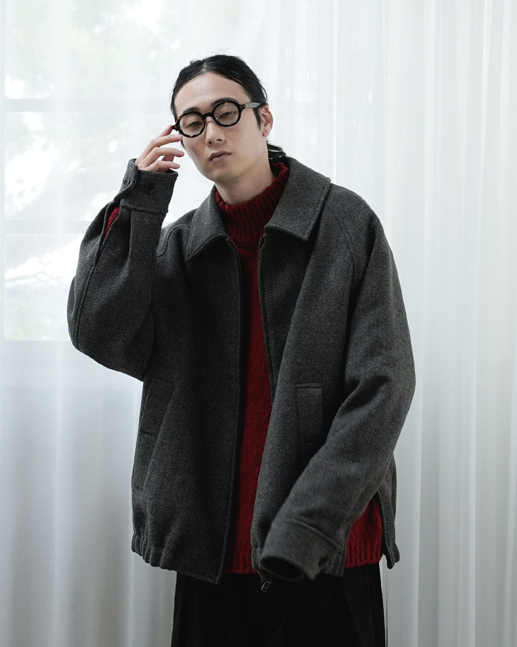 Wool Blend Herringbone Tweed Volume Zip Blouson <#brown>