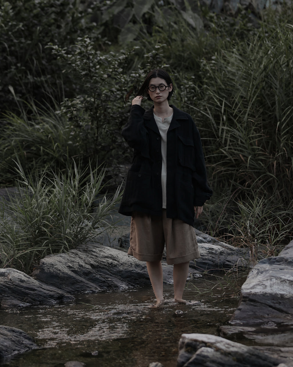 Linen Herringbone M-43 Field Jacket <#black>