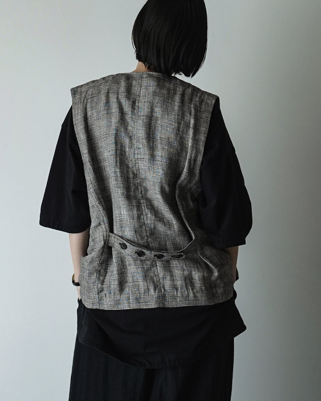 Glen Check Linen Back Belt Button Design V-Neck Vest <#glen check>