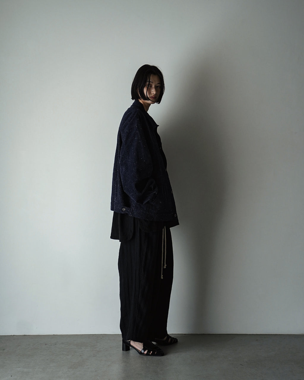 Linen Herringbone Button-Fly Easy Sarouel Pants <#black>