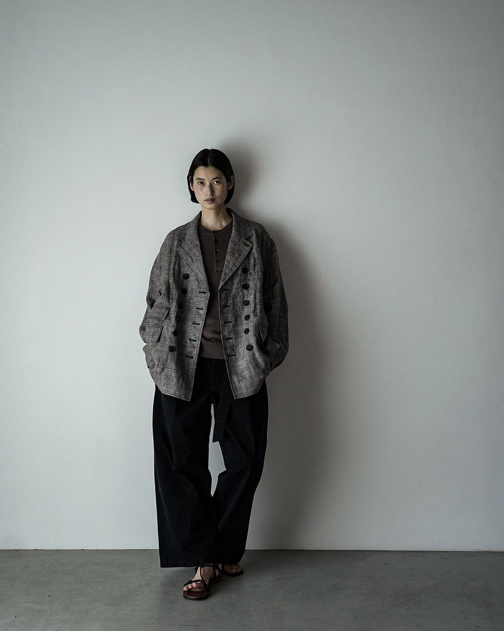 Glen Check Linen Back-Open Button Design Semi-Double Jacket <#glen check>