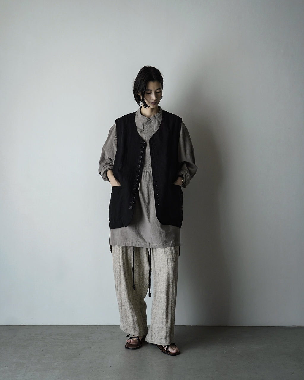 Linen Herringbone Button-Fly Easy Sarouel Pants <#heather gray>
