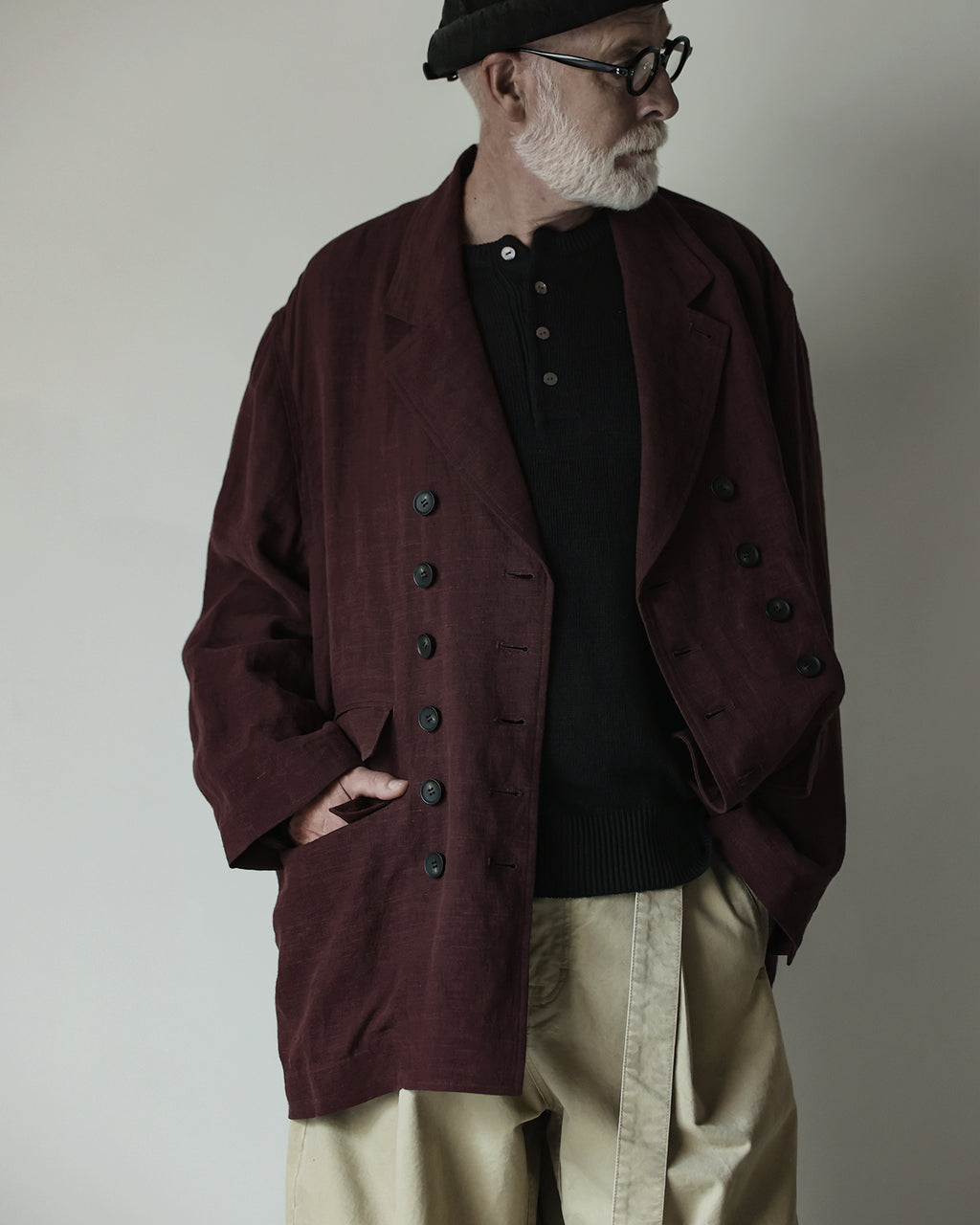 French Linen Back-Open Button Design Semi-Double Jacket <#burgundy>
