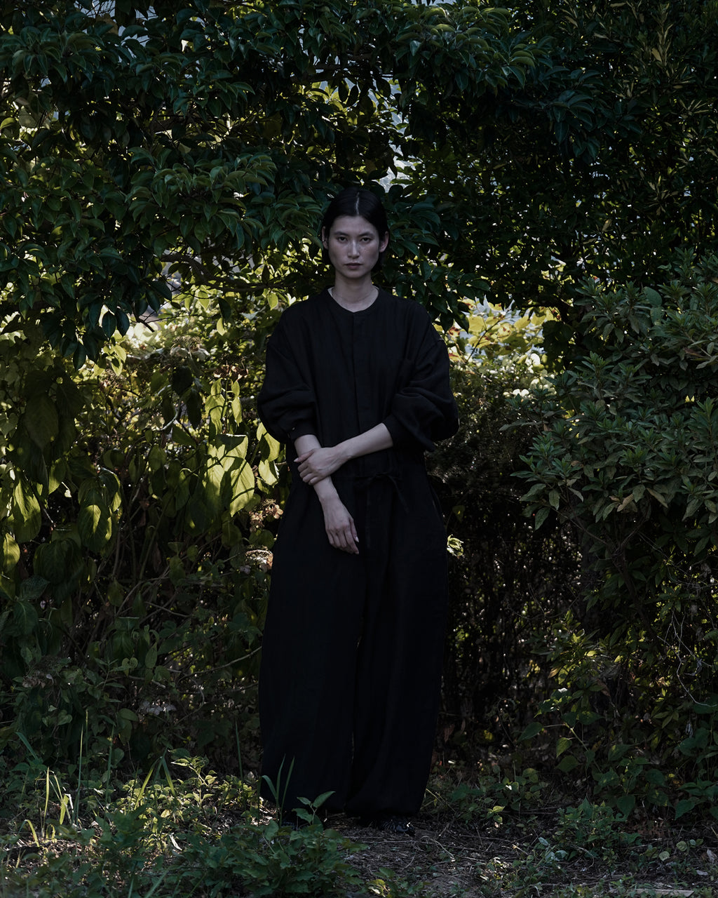 Wash Linen Band Collar Long-Sleeve Jumpsuit <#black>