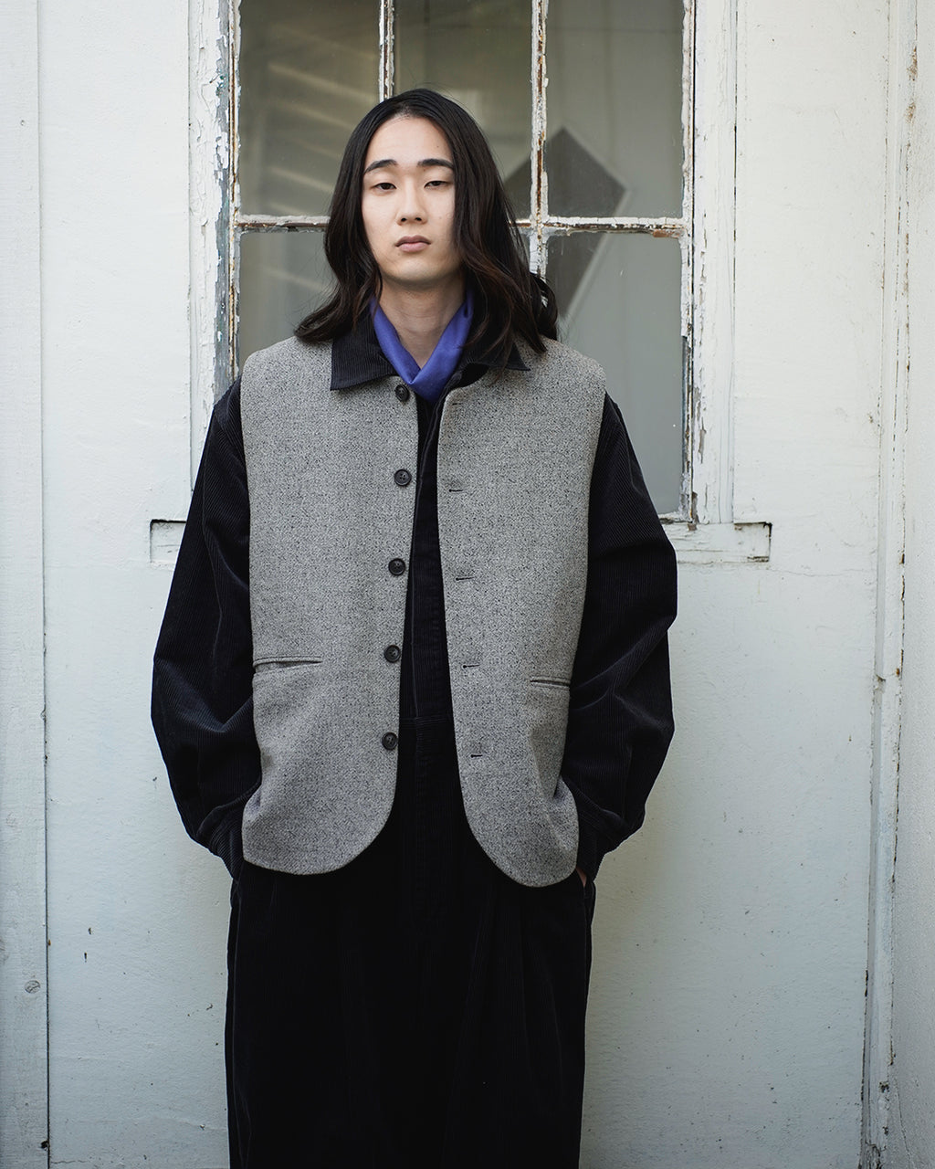 Wool Blend Tweed Back-Open Layered Crew Neck Vest <#greige>