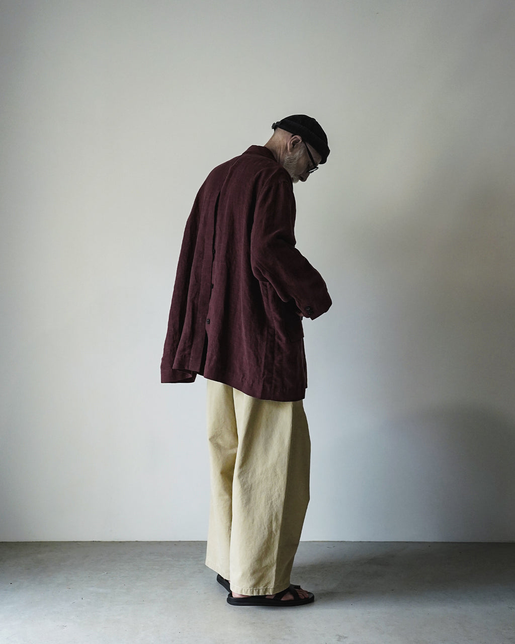 French Linen Back-Open Button Design Semi-Double Jacket <#burgundy>