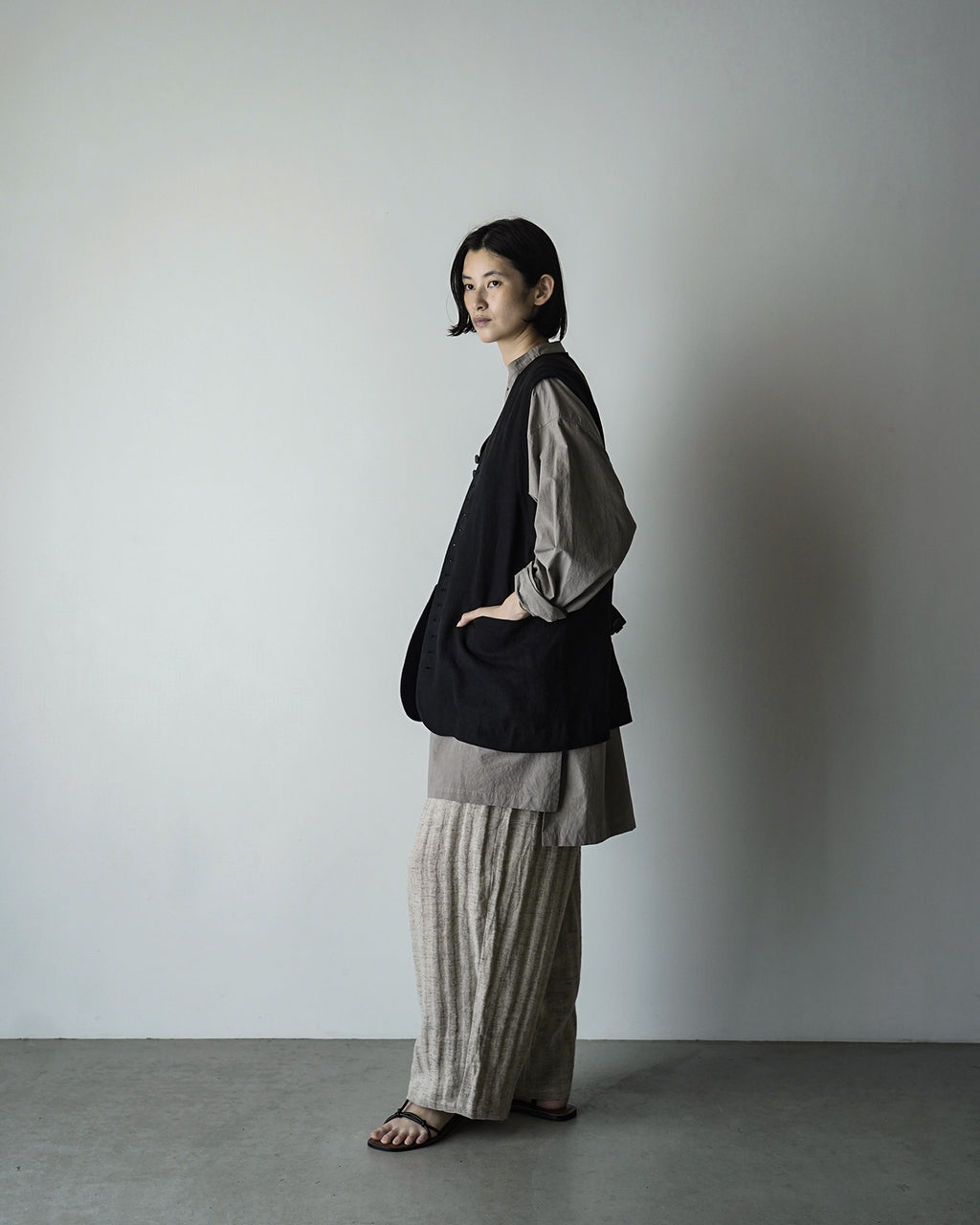 Linen Herringbone Button-Fly Easy Sarouel Pants <#heather gray>