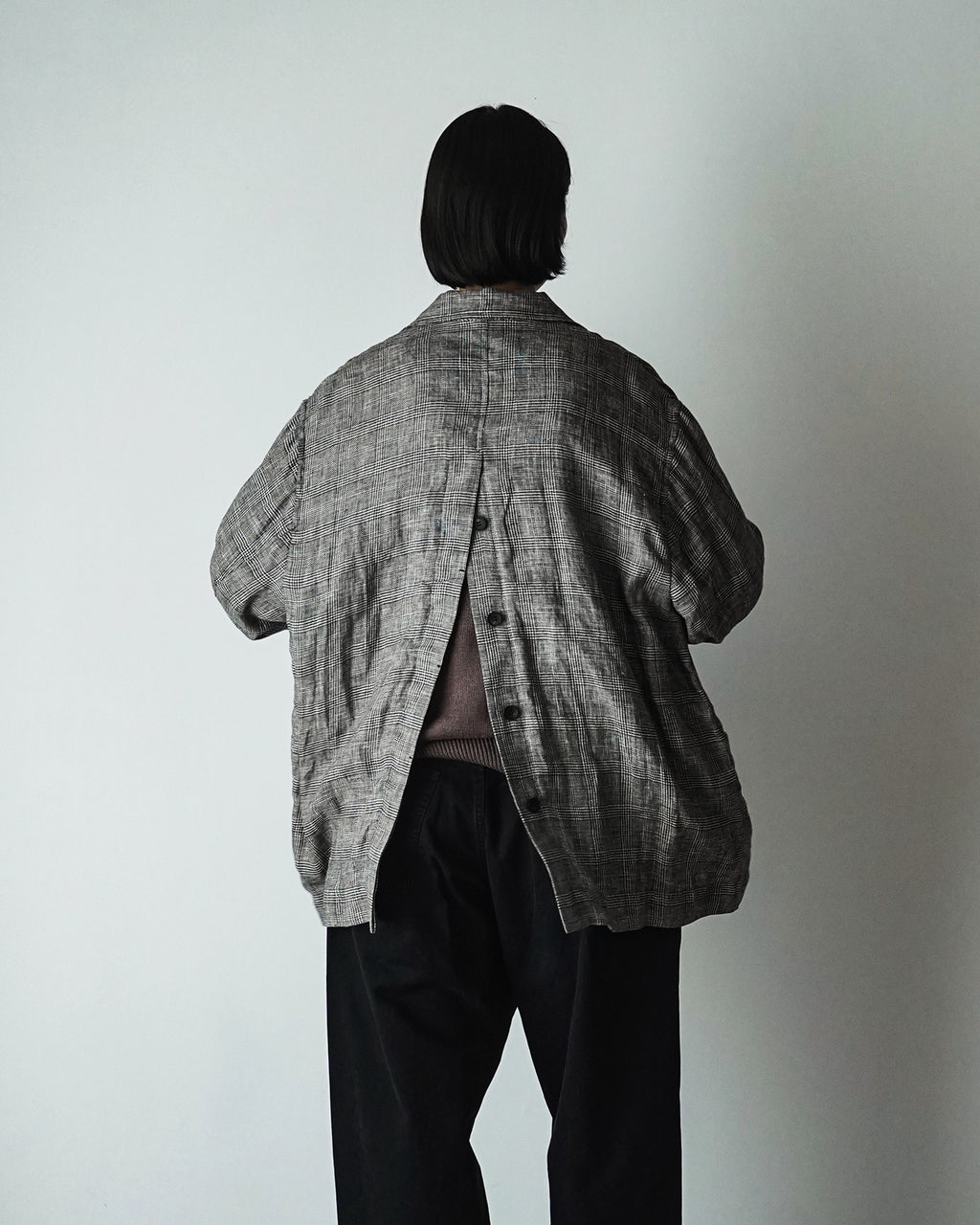 Glen Check Linen Back-Open Button Design Semi-Double Jacket <#glen check>
