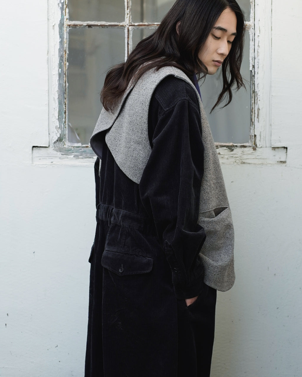 Wool Blend Tweed Back-Open Layered Crew Neck Vest <#greige>