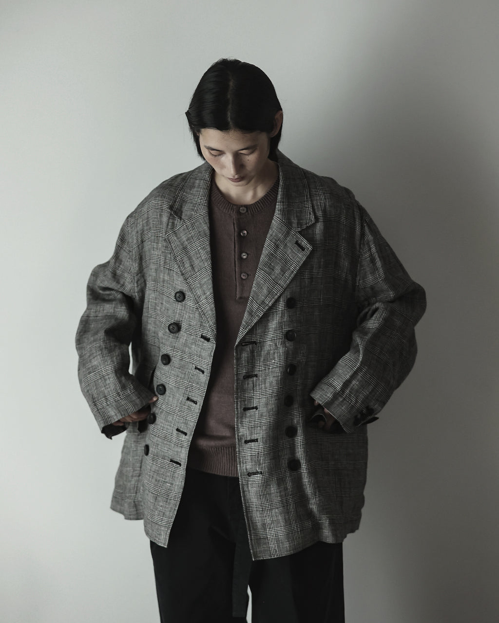 Glen Check Linen Back-Open Button Design Semi-Double Jacket <#glen check>