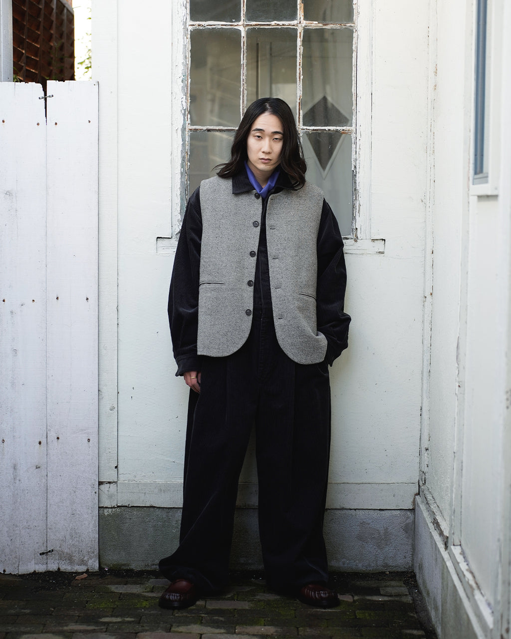 Wool Blend Tweed Back-Open Layered Crew Neck Vest <#greige>