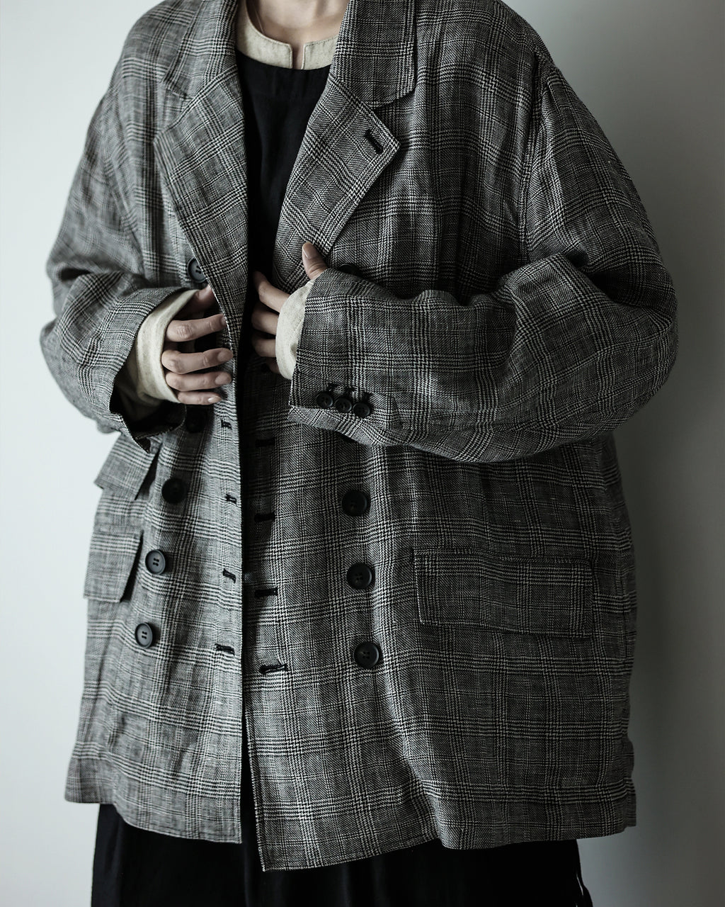 Glen Check Linen Back-Open Button Design Semi-Double Jacket <#glen check>