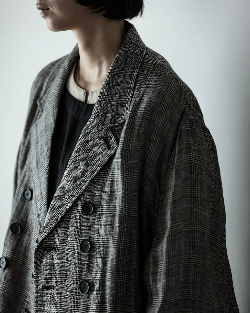 Glen Check Linen Back-Open Button Design Semi-Double Jacket <#glen check>