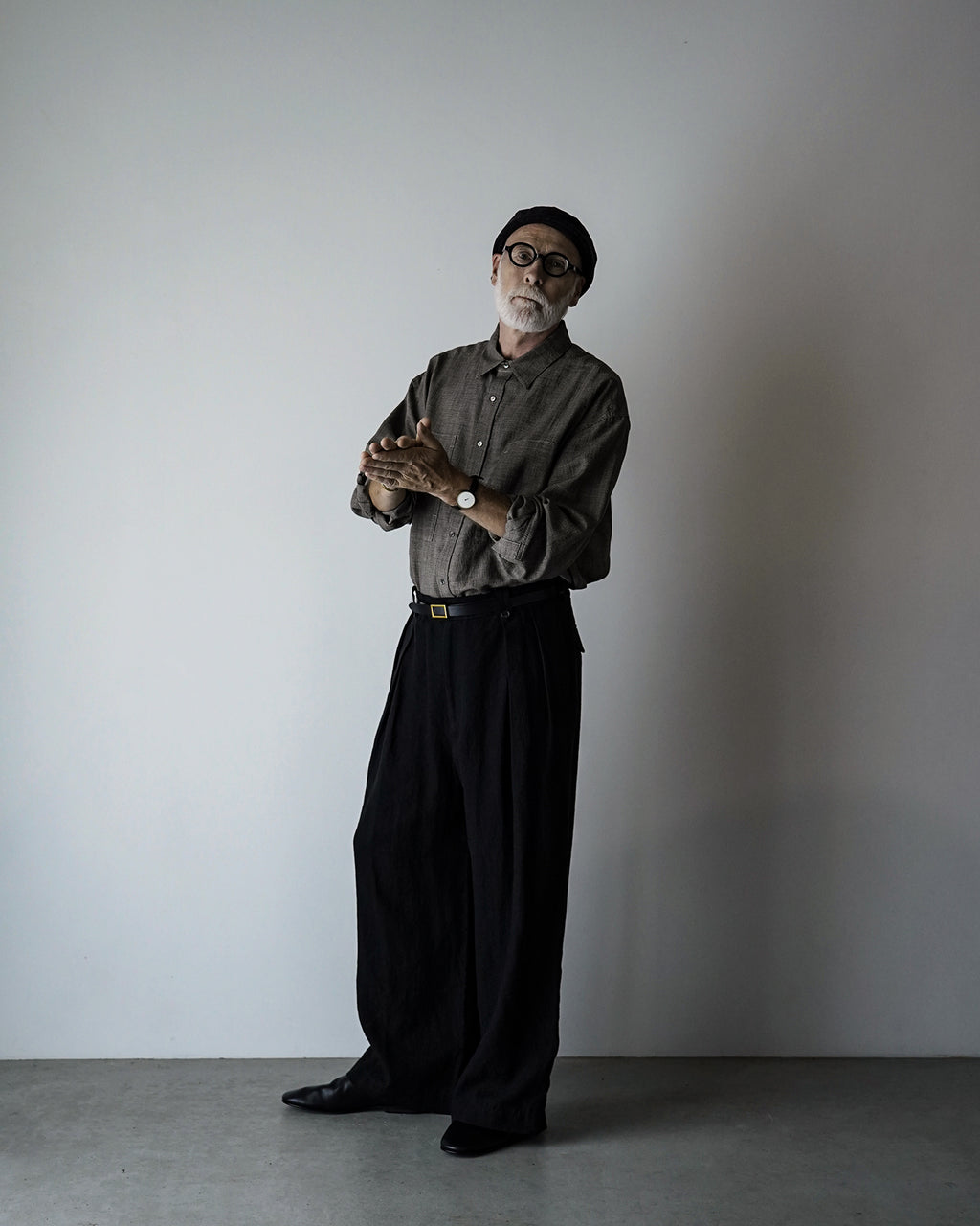 French Linen Back Belt 3Tuck Wide Straight Trousers <#black>