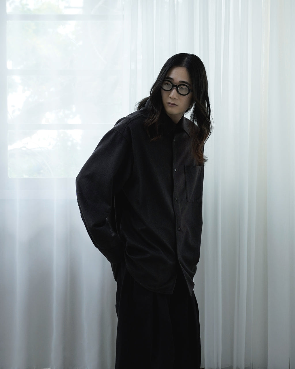 Wool Blend Heavy Flannel Wide Tuck Over Shirt <#olive>