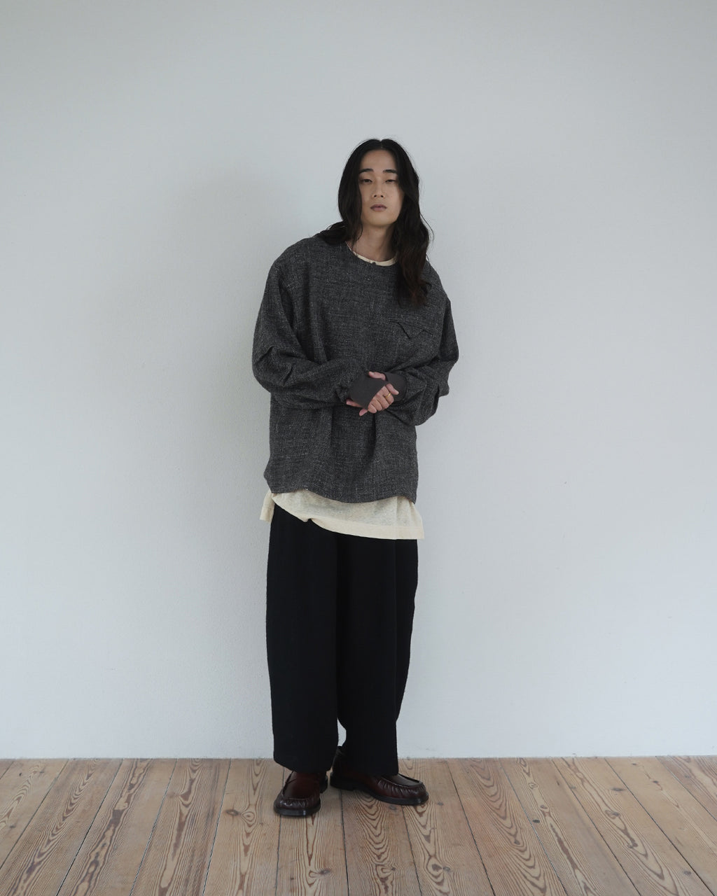 Shetland Wool Linen Crew Neck LS Tuck Rib Pullover <#charcoal>