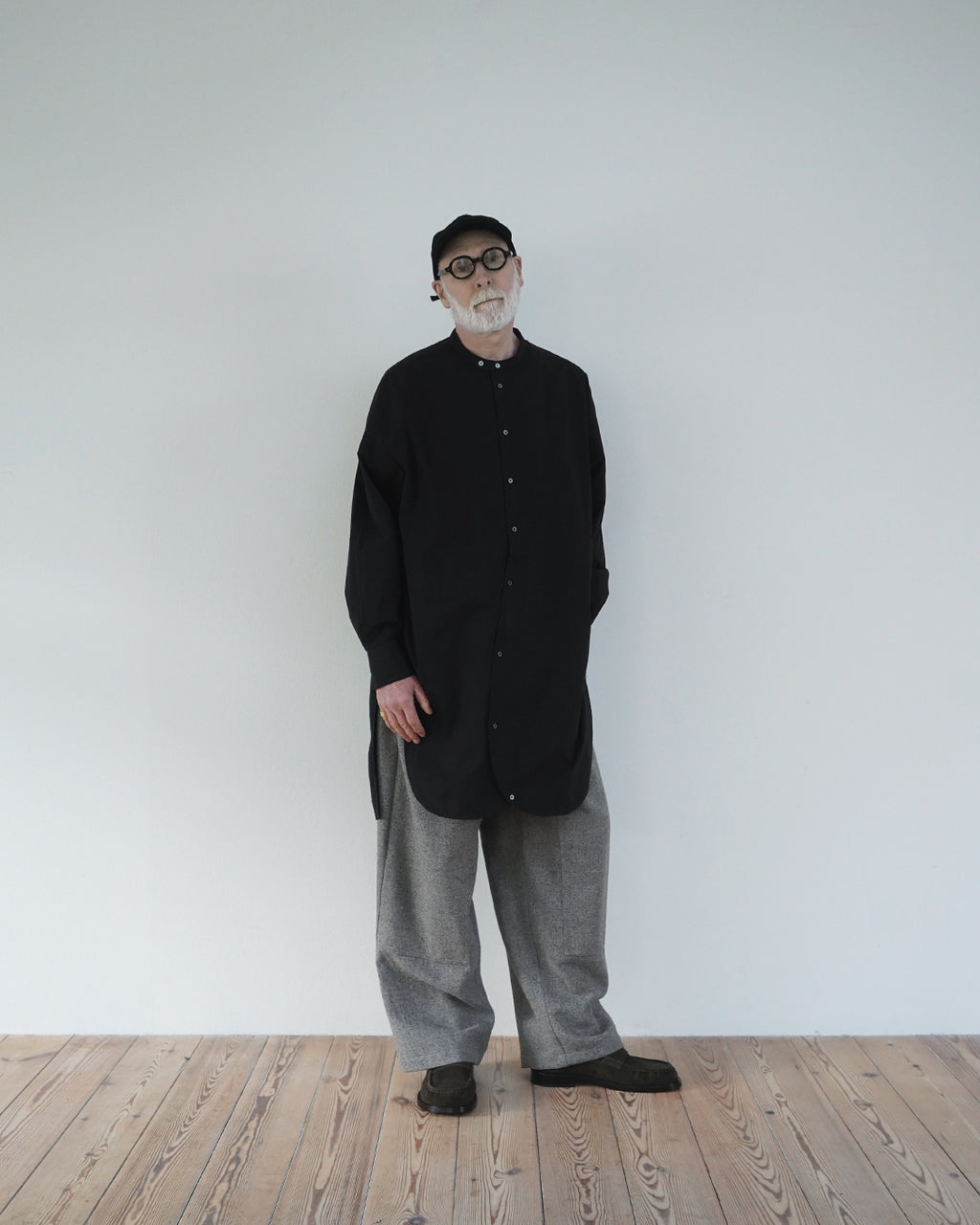 Cotton Typewriter Round Slit Long Officer Shirt <#ink black>