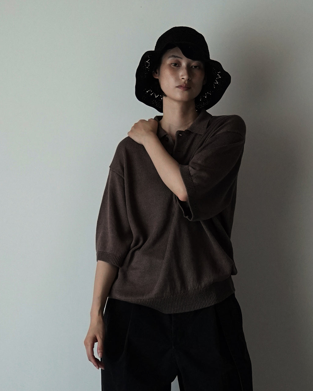 Linen Mid-Gauge Half Sleeve Knit Polo <#brown>