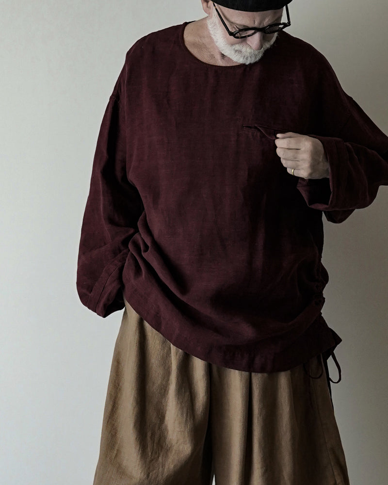 French Linen Side Shirring Long-Sleeve Pullover<#burgundy>