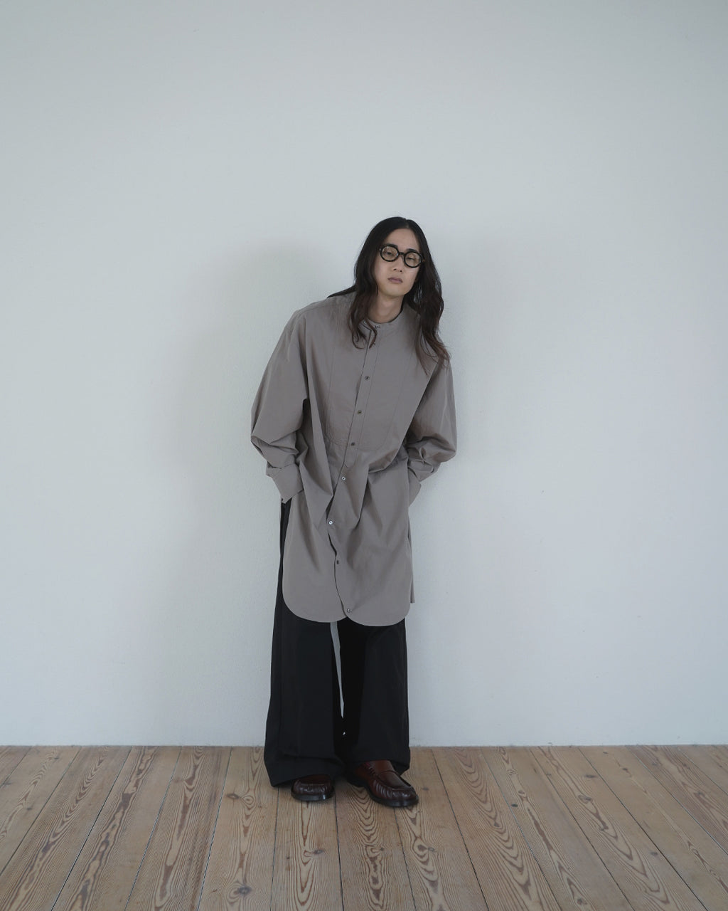 Cotton Typewriter Round Slit Long Officer Shirt <#greige>