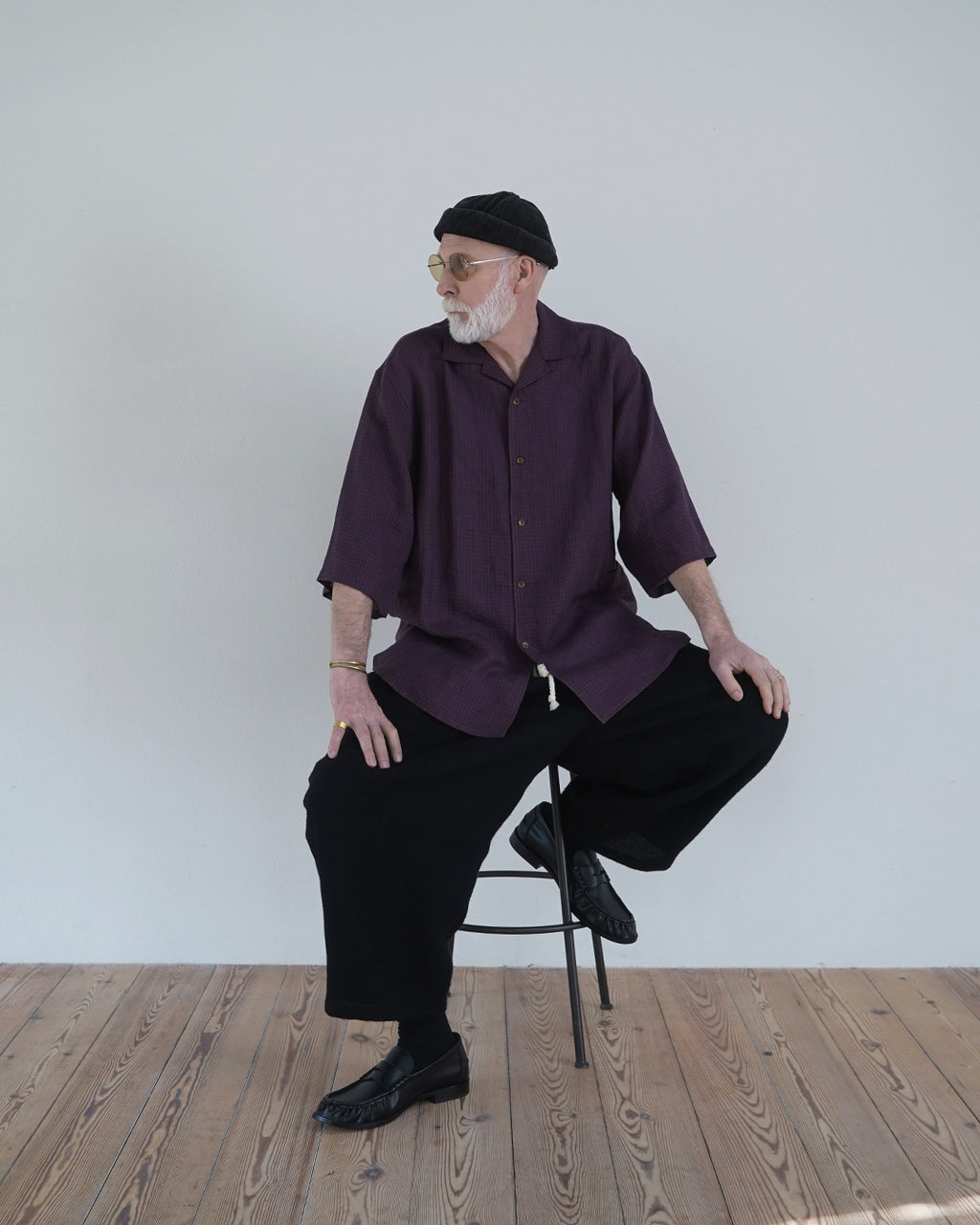 Wash Linen Open Collar 3/4 Sleeve Sleeping Shirt <#brown×navy>