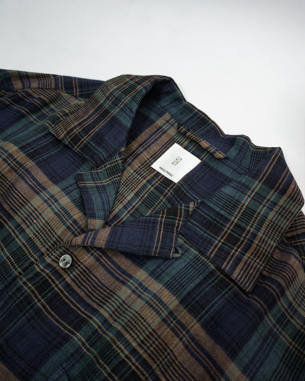 Linen Madras Check Open Collar Long-Sleeve Gathered Shirt<#navy check>