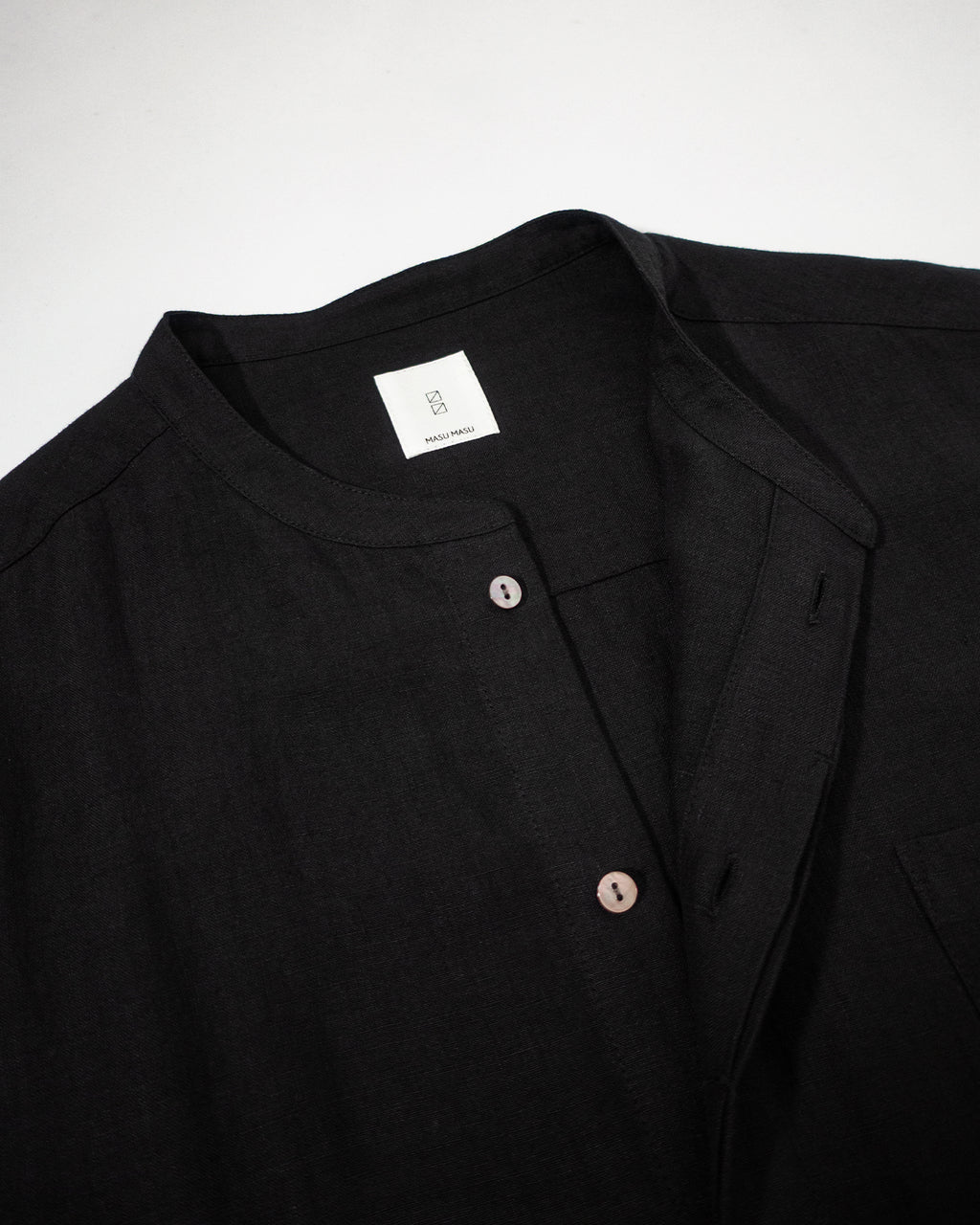 Wash Linen Band Collar Long-Sleeve Jumpsuit <#black>