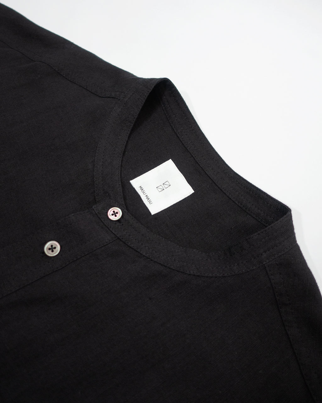 Wash Linen Band Collar Henley Neck Like Half Sleeve Atelier Shirt <#black>