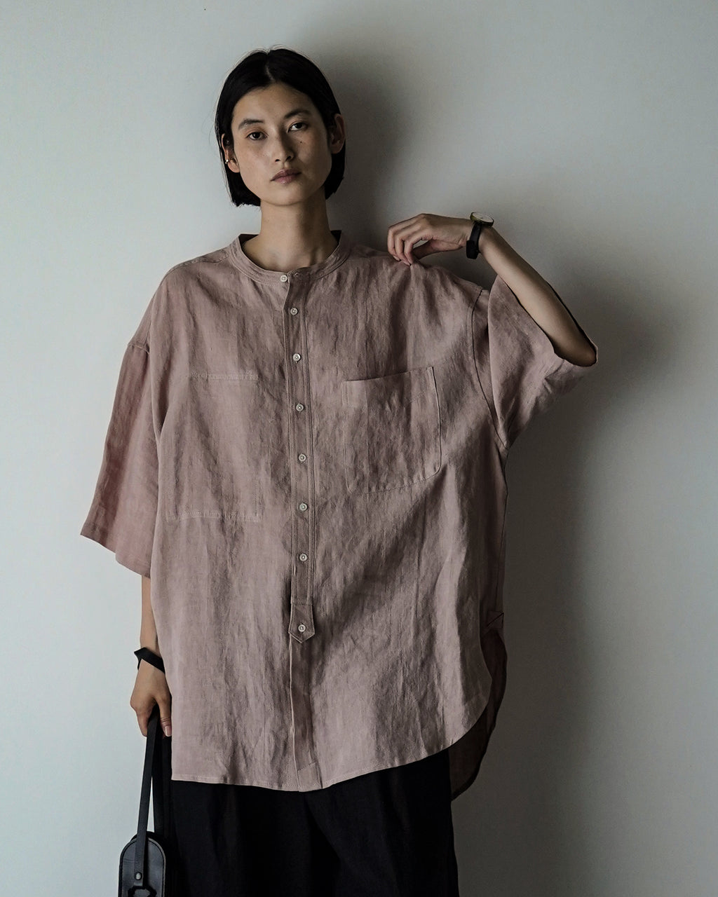 Wash Linen Band Collar Henley Neck Like Half Sleeve Atelier Shirt <#smoke pink>
