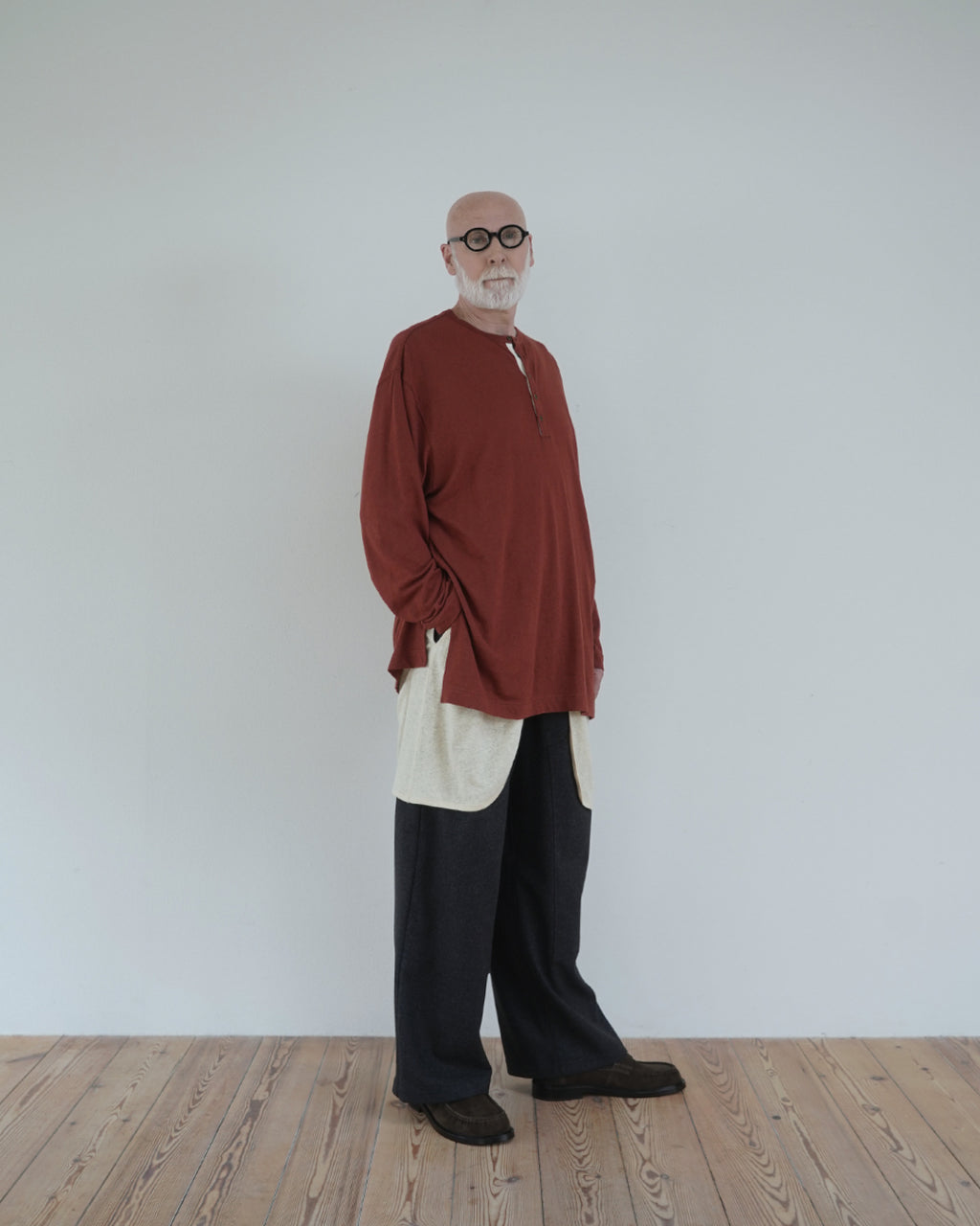 Linen Jersey Henley Neck Middle Length L/S Tee <#terracotta>