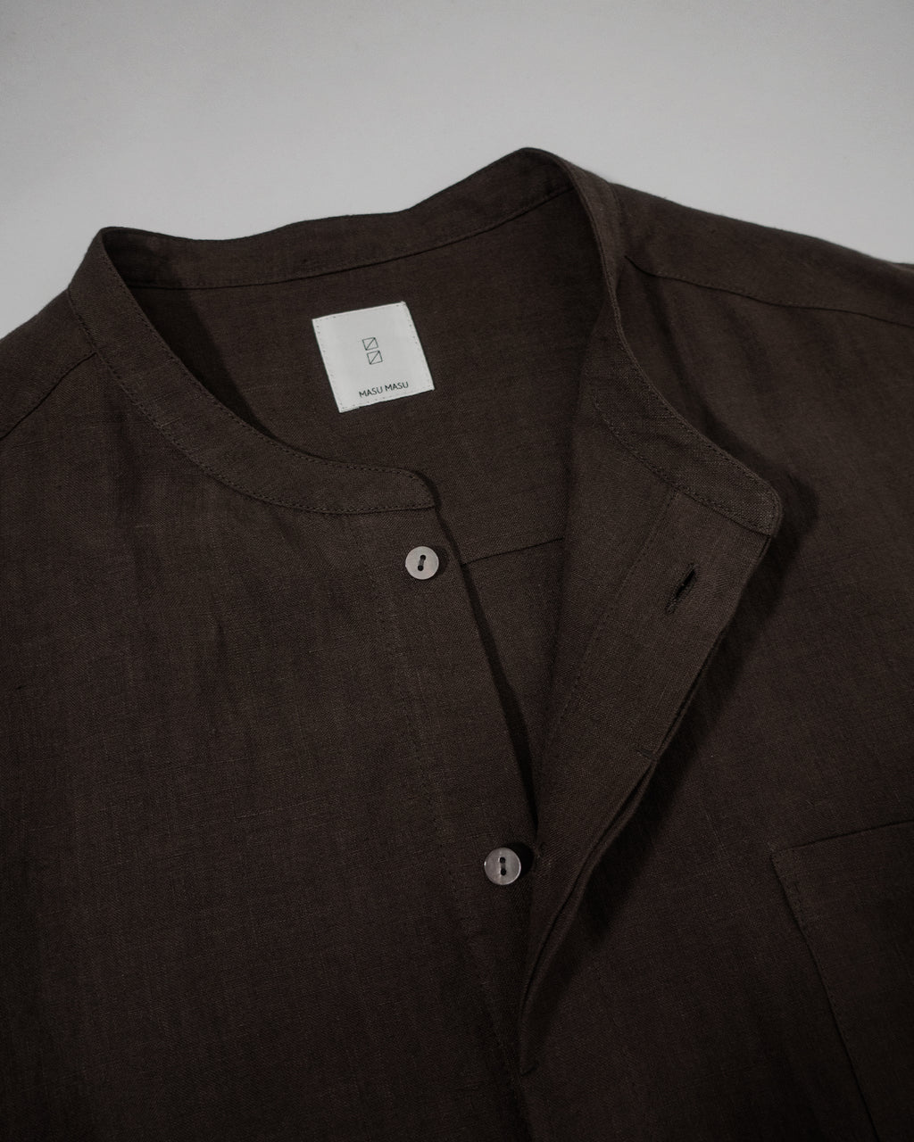 Wash Linen Band Collar Long-Sleeve Jumpsuit <#brown>