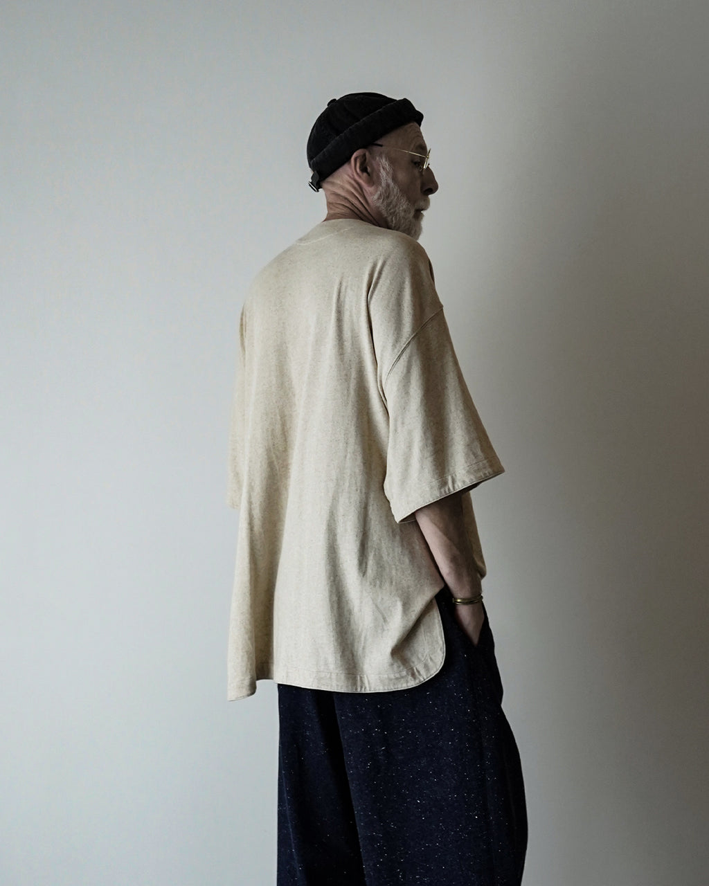 Cotton Linen Hem Round Skipper Half Sleeve Tee <#ivory>